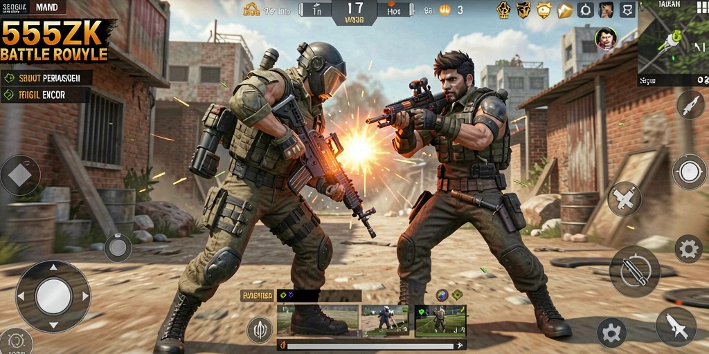 Tampilan gameplay 555ZK yang penuh aksi dan strategi Battle Royale.