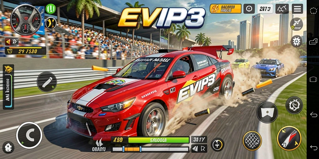 Tangkapan layar gameplay EVIP3 dengan aksi balapan yang mendebarkan.