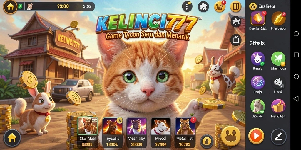 Tampilan gameplay KELINCI777 menampilkan kelinci yang lucu dan lingkungan bisnis yang dinamis.