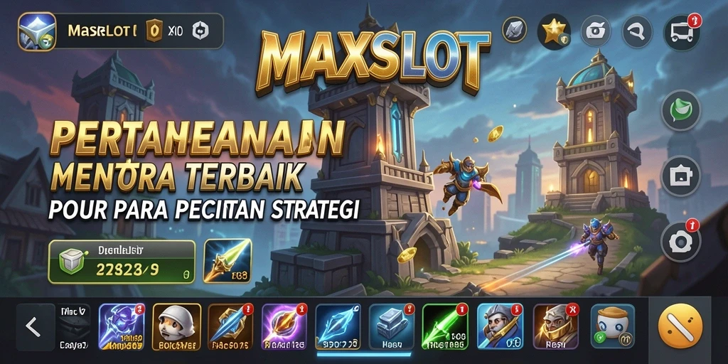 Screenshot gameplay MAXSLOT menampilkan aksi pertahanan menara yang intens.