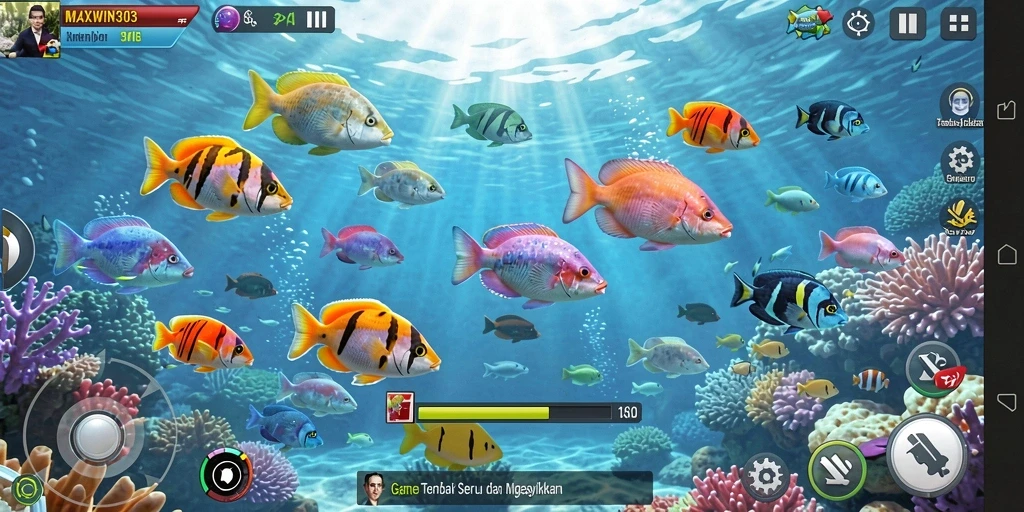 Tampilan gameplay menegangkan dari MAXWIN303 saat berburu ikan.