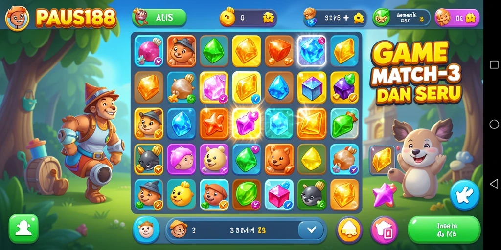 Gameplay seru PAUS188 dengan grafis warna-warni dan tantangan Match-3.