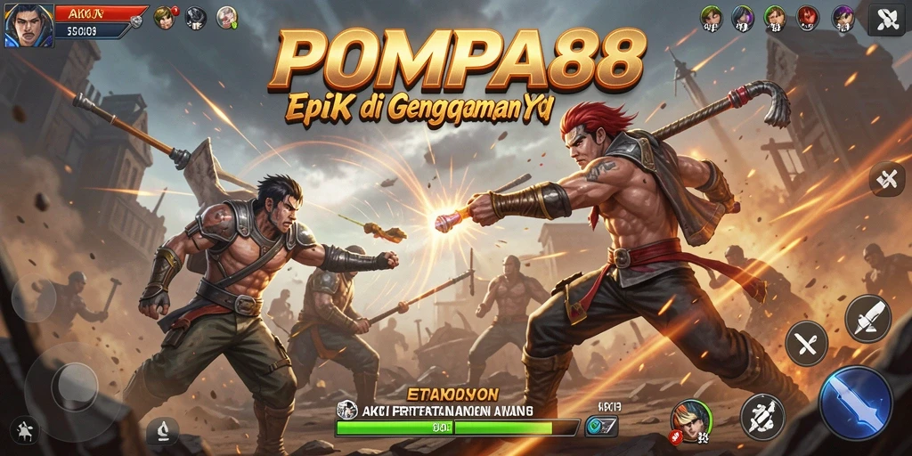 Screenshot POMPA88 menampilkan aksi pertarungan yang intens dan karakter yang beragam.