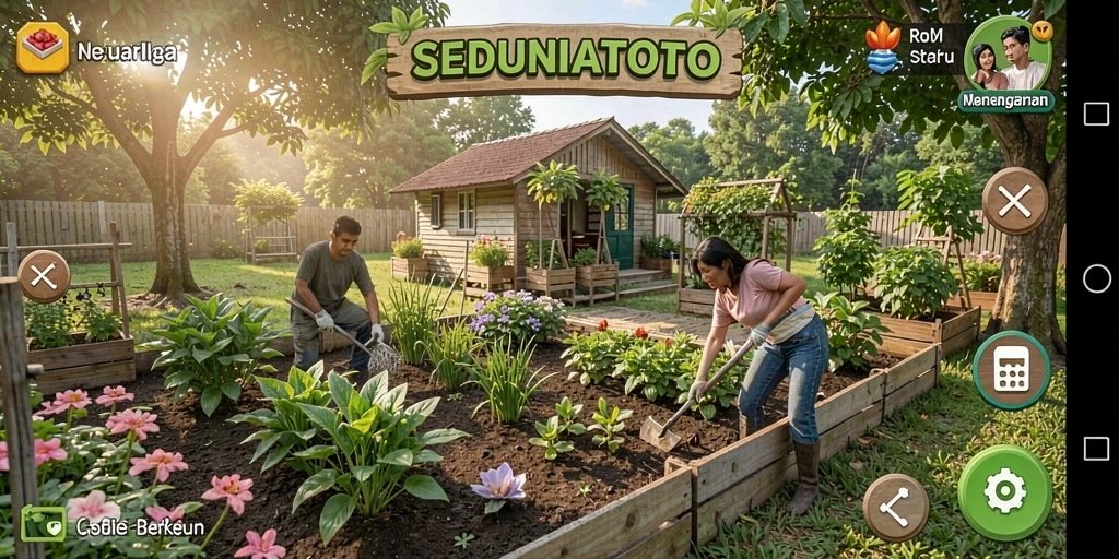 Tampilan gameplay SEDUNIATOTO menampilkan kebun yang rimbun dan berwarna-warni.