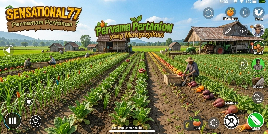 Screenshot gameplay <strong>SENSATIONAL77</strong> menampilkan aktivitas bertani yang seru dan menggembirakan.