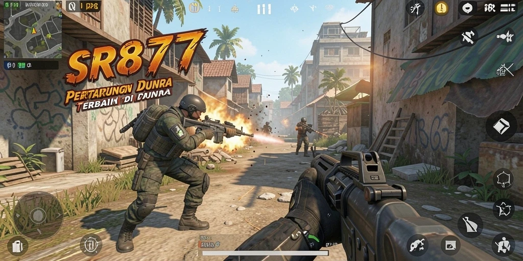 Screenshot gameplay SR877 menunjukkan aksi tembak-menembak yang mendebarkan.