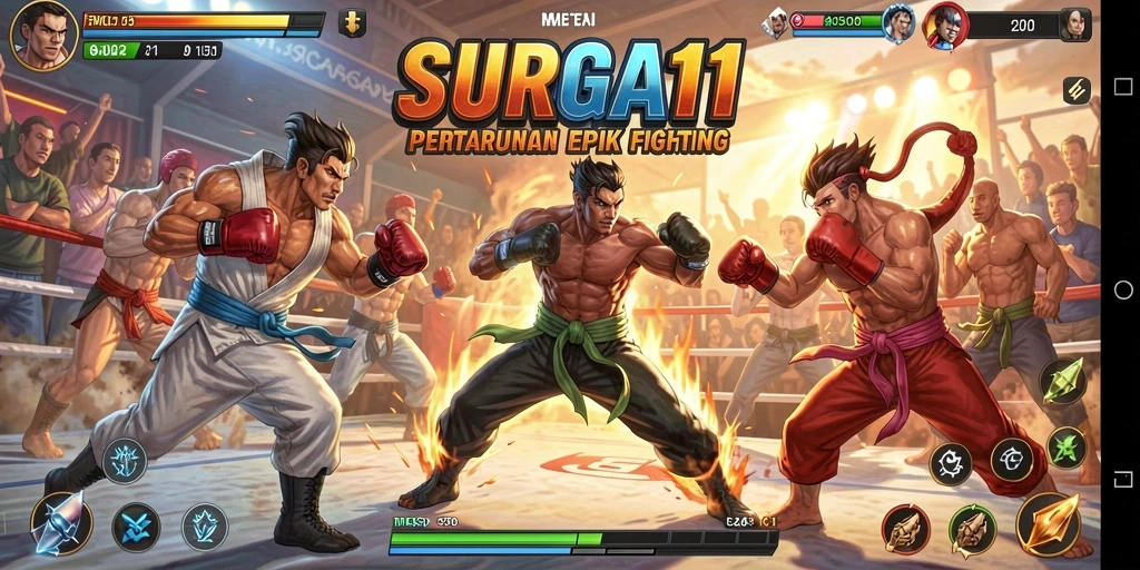 Tangkapan layar gameplay SURGA11, saat karakter bertarung di arena.