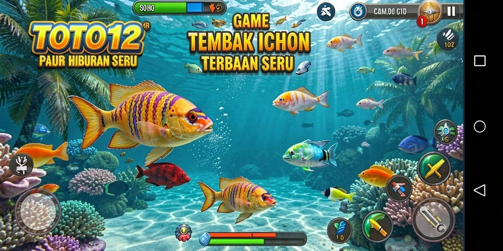 Screenshot utama TOTO12 menampilkan aksi menembak ikan yang seru.