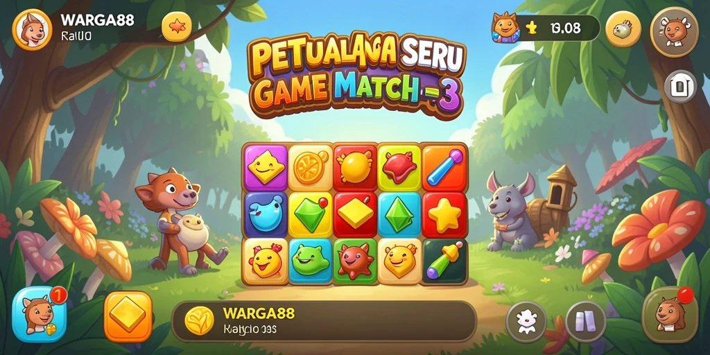 Menampilkan gameplay seru dalam game Match-3 WARGA88.